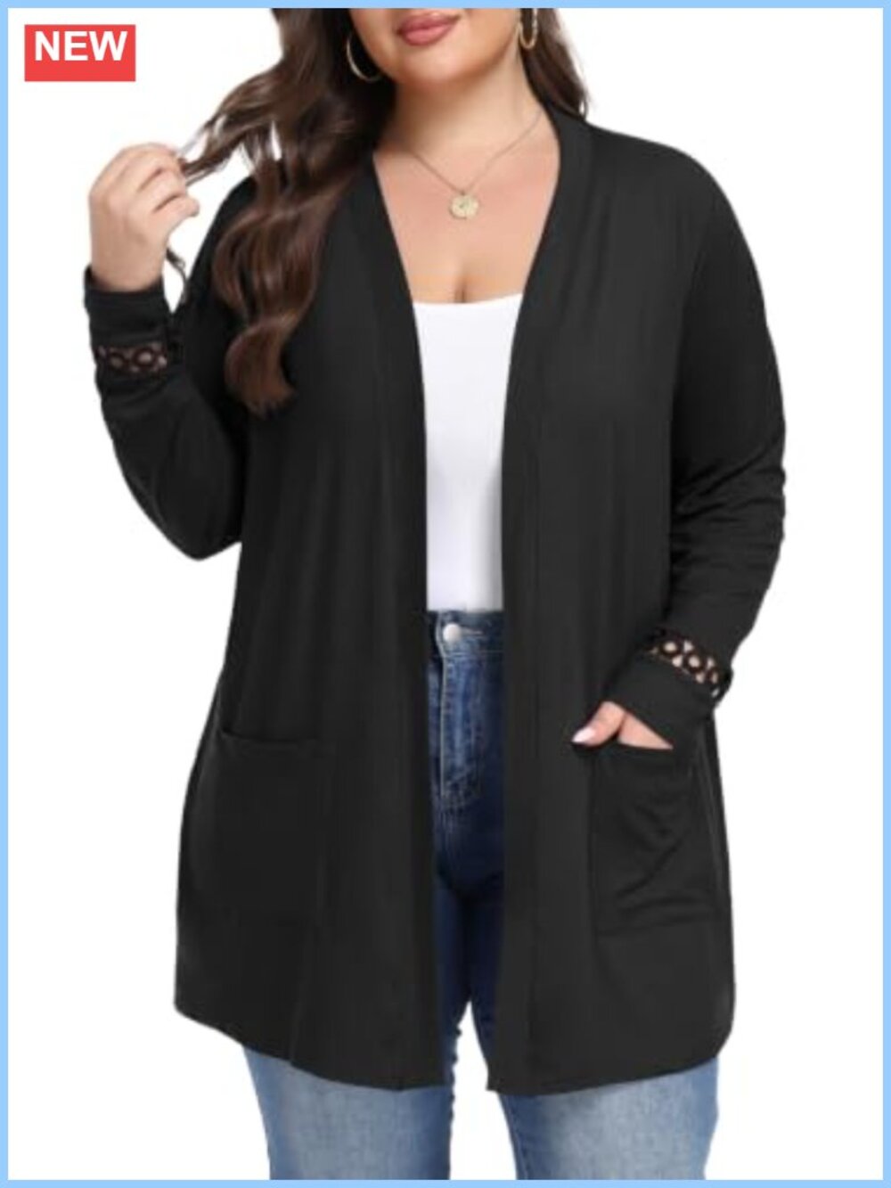 Plus Size Open Front Cardigan Long Sleeve Lace Trim Knit Sweater with Pockets